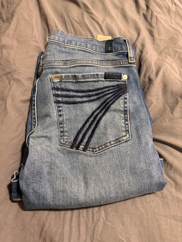 7 For All Mankind Light Blue Straight Leg Jeans With Dark Contrast Stitching